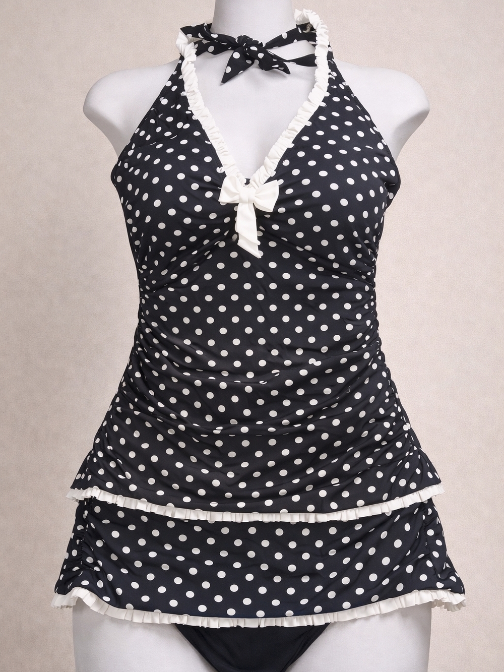 Profile By Gottex Black & White Polka Dot Halter Tankini with Ruffle Trim